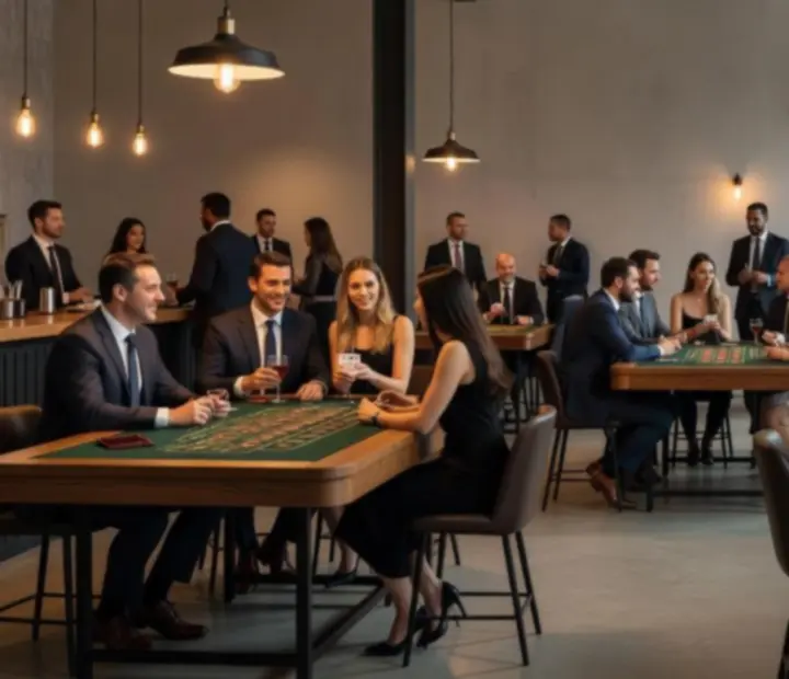 Moderní loftový prostor s casino herními stoly a industriálním osvětlením