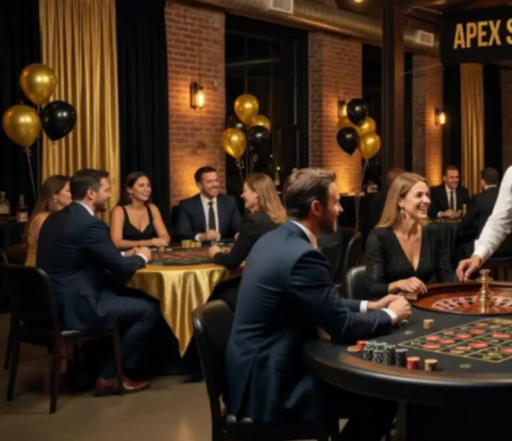 Stylová casino party setup s herními stoly v industriálním prostoru