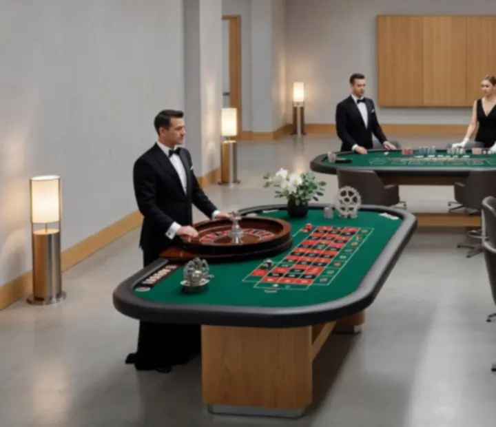 Stylově nasvícené casino stoly v industriálním loftu