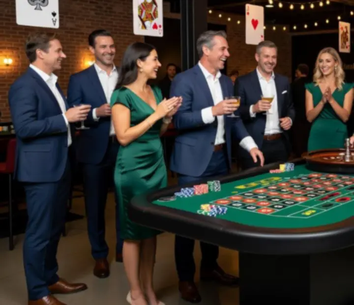 Hosté u stylizovaného casino stolu během firemního večírku
