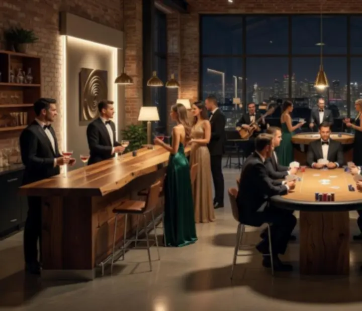 Interiérový event Pragorio s industriálním osvětlením a casino atmosférou