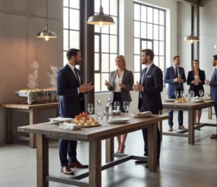 Moderní firemní event v loftovém prostoru s industriálním osvětlením