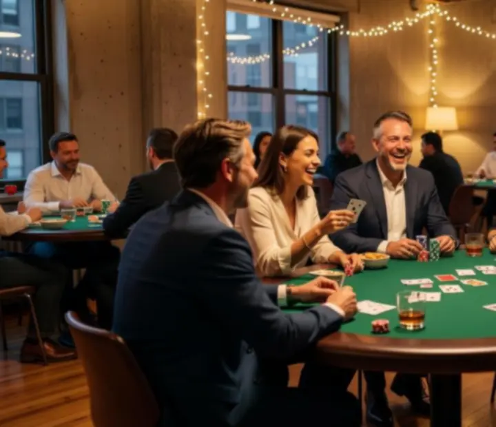 Hosté během pokerového večera v loftovém prostoru Pragorio
