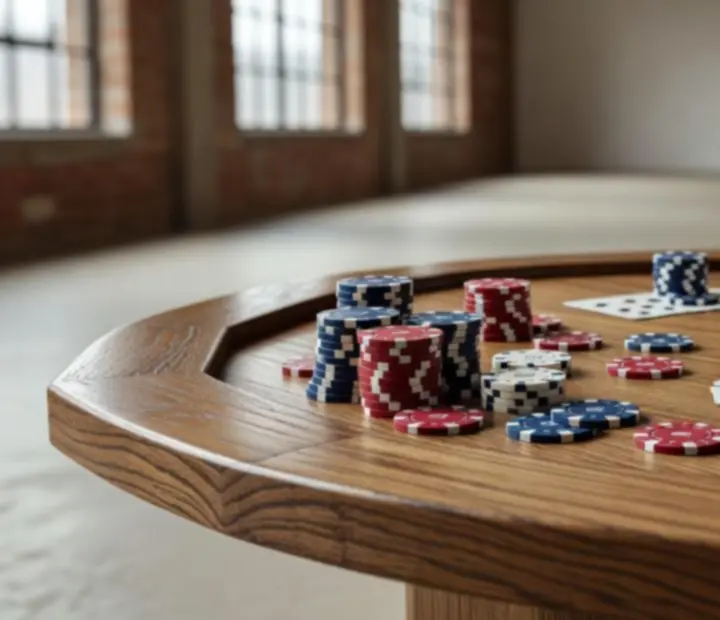 Dřevěný pokerový stůl s žetony v industriálním loftovém prostoru
